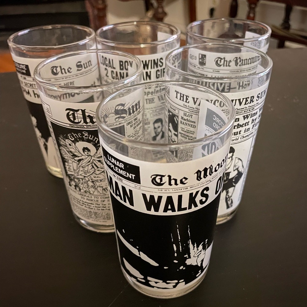 Six Commemorative Vancouver Sun Glasses depicting World Events